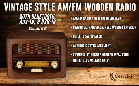 ClearClick Classic Vintage Retro Style AM/FM Radio with Bluetooth, Aux-in,  & USB - Handmade Wooden Exterior