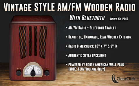 ClearClick Classic Vintage Retro Style AM/FM Radio with Bluetooth, Aux-in,  & USB - Handmade Wooden Exterior