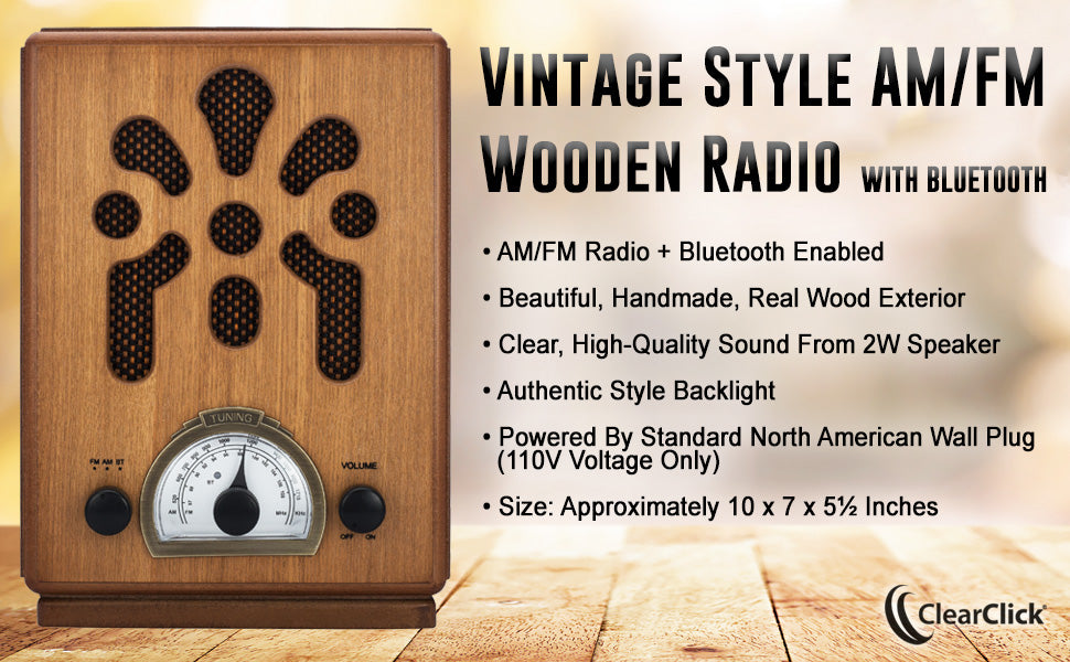ClearClick Classic Vintage Retro Style Handmade Wooden AM/FM Radio w/  Bluetooth