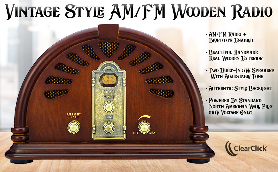 ClearClick Classic Vintage Retro Style AM FM Radio with Bluetooth