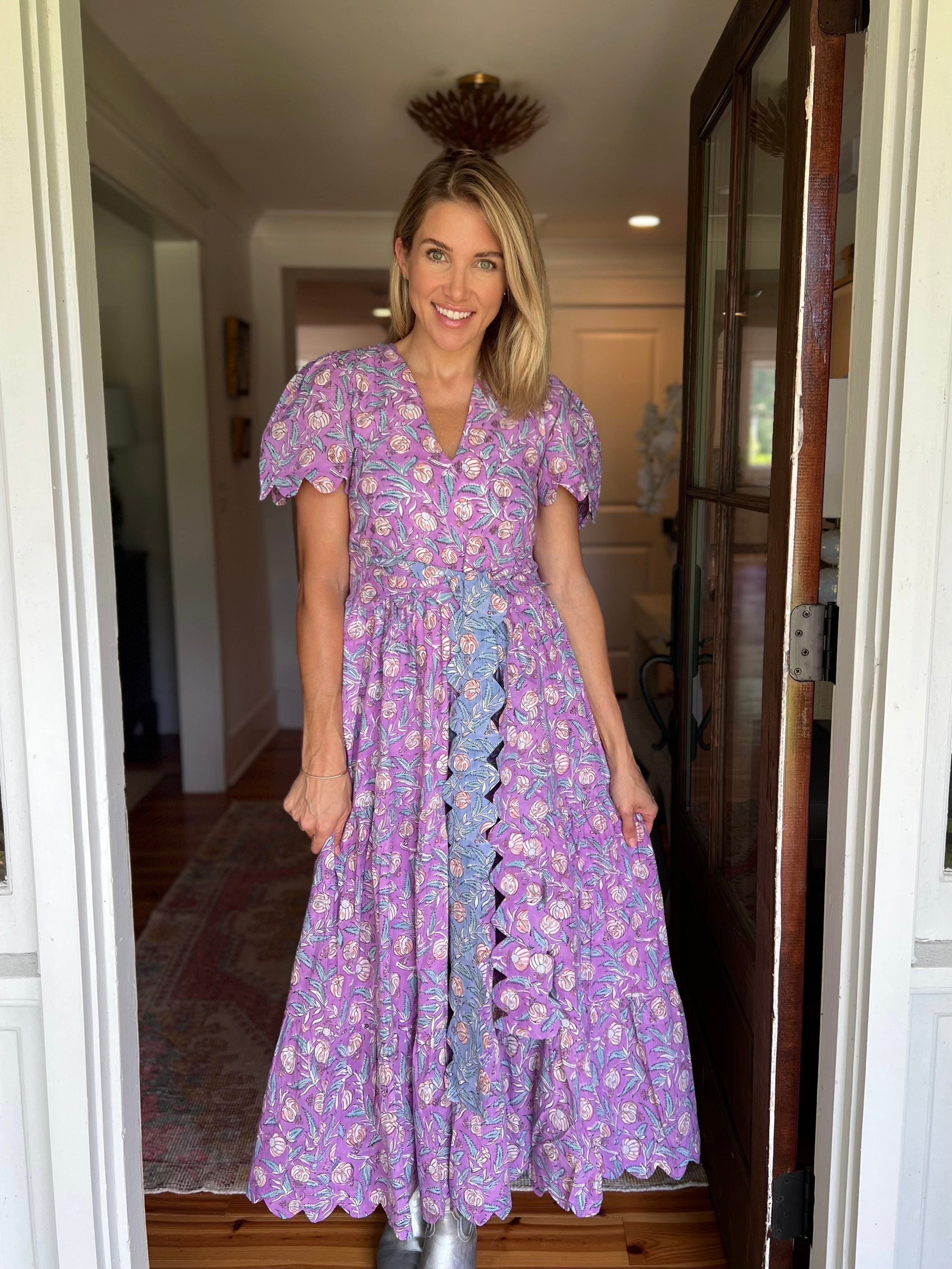 Grace purple scalloped floral dress with contrasting blue sash