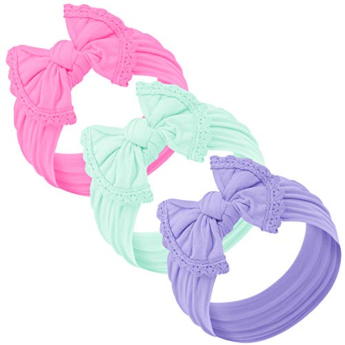 Baby Girl Headbands and bows - Nylon Headband Fits newborn toddler infant girls lace trim Color:Hot Pink - Gray - Black
