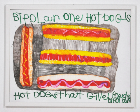 A pencil and marker drawing in a white frame. The image is of 4 red hotdogs in yellow buns. The hotdogs sit on grey tray. Green handwritten text around the image says, "Bipolar one hotdogs hotdogs that give people bipolar"