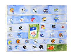A painting of six rows of football helmets with the logos of various teams on a blue background, with the NFL logo in the middle and a football on a green field in the lower right.