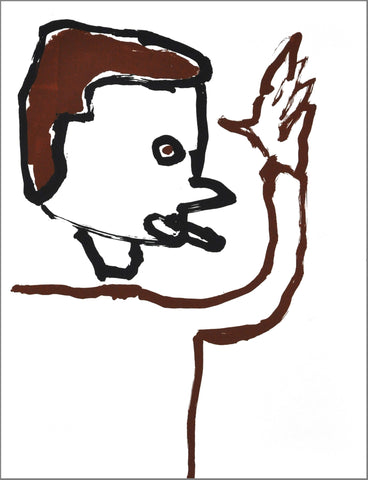 a figure in profile, face turned to the right, a cigarette dangling from their mouth, arm upraised.