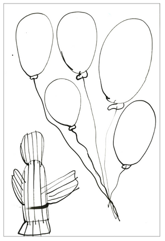 an ink drawing of a cactus in the lower left corner and a bunch of five balloons with long strings filling the rest of the page.