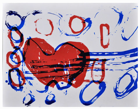 a print of a guitar with floating rings around it, in blue and red ink.