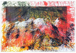 a drawing on a photograph print of mountains. the artist has scrawled over the image with crayons and pastels in different colors including red, white, yellow, and green. These colors almost completely obscure the photograph, and make it seem like all the colors of a vibrant sunset have been cast over the mountains.