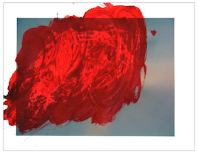 an ink jet print of a blue sky that the artist has painted over with a swirl of bright red paint.