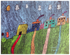 a colored pencil drawing on paper of a row of houses under a blue sky with lumpy clouds and a round yellow sun.  The houses are on a slight incline rising toward the right side of the paper. Each house has a long sidewalk leading up to their front doors, and each path is a different color: from left to right - red orange pink and blue sidewalks on bright green grass. The houses from left to right are colored yellow dark blue turquoise and tan.