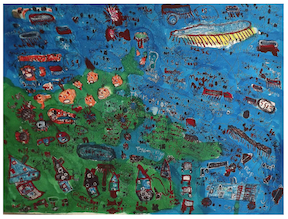 a painting on paper that looks like a map of land and water as seen from above. the left side of the image is mostly painted green and the right side is mostly painted blue.  the artist has drawn various shapes and words in red marker over the background. The shapes include clouds, houses, pumpkins, and cars.