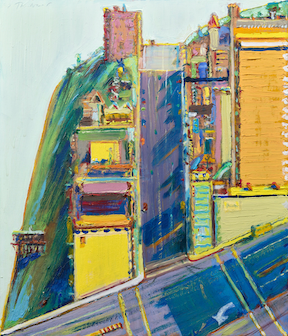 a painting by Wayne Thiebold of a city block as seen from a roof top. the buildings are painted in bright yellows against the violet and blue of the streets that cut through them.