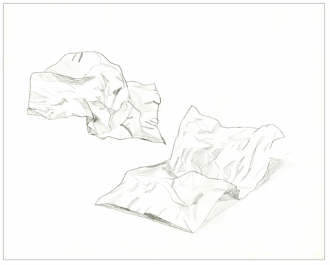 A finely detailed drawing of two lightly crumpled pieces of white paper on a blank white background.