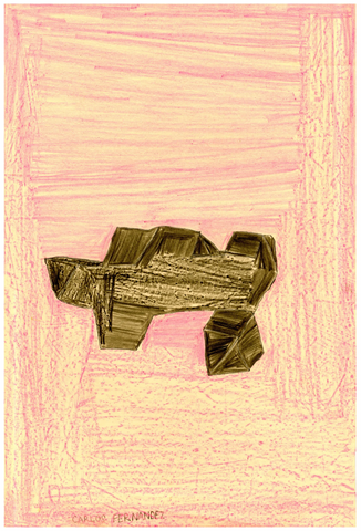 A rectangular drawing - pink vertical and horizontal strokes form a box around a multi-edged shape drawn in the middle.