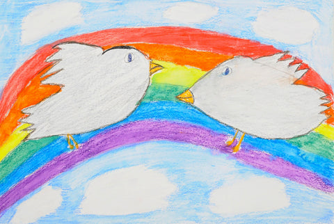 a drawing of a rainbow and two white birds