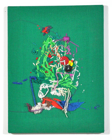 A work of mixed media embroidery on a bright green stretched fabric background.