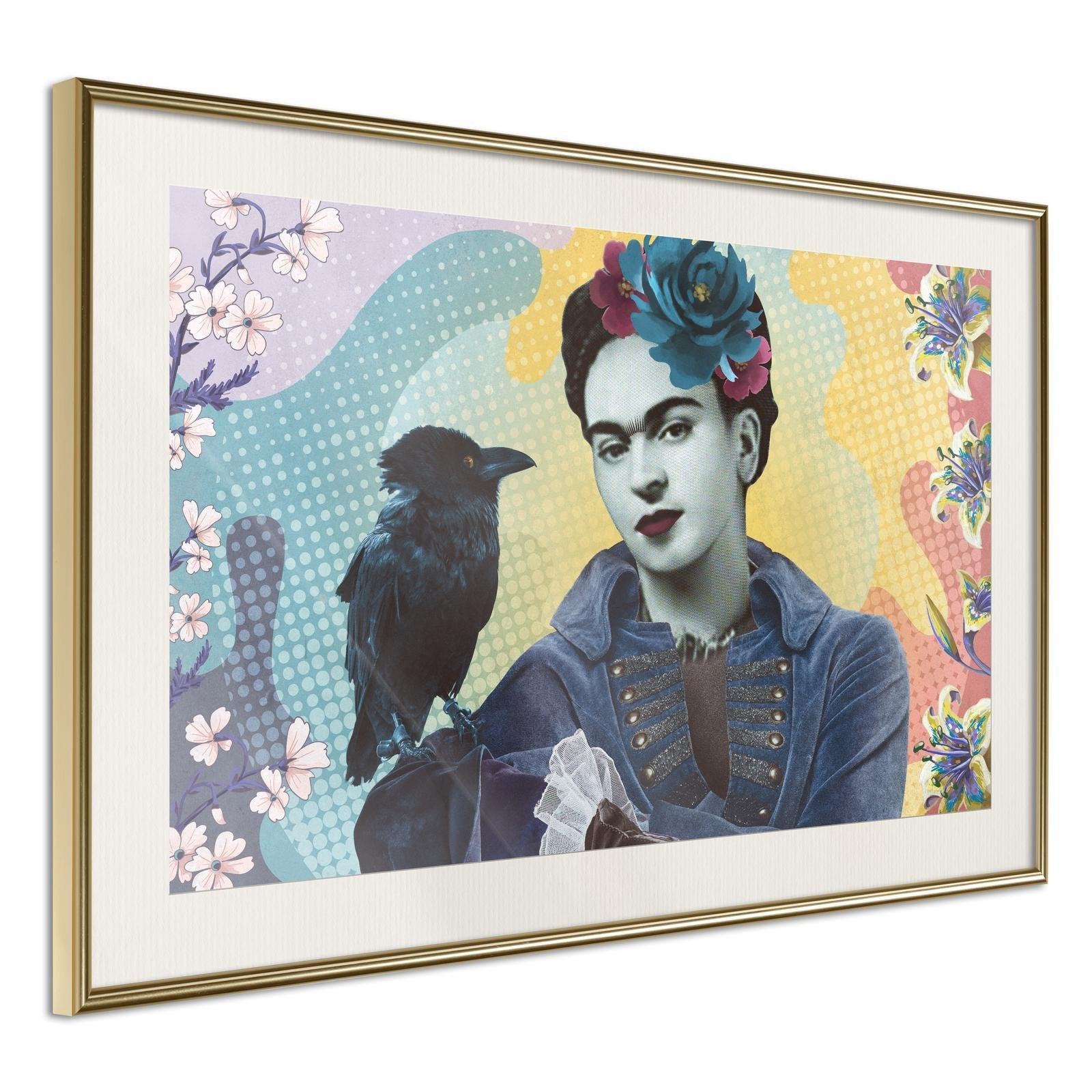Läs mer om Inramad Poster / Tavla - Frida with a Raven - 90x60 Guldram med passepartout