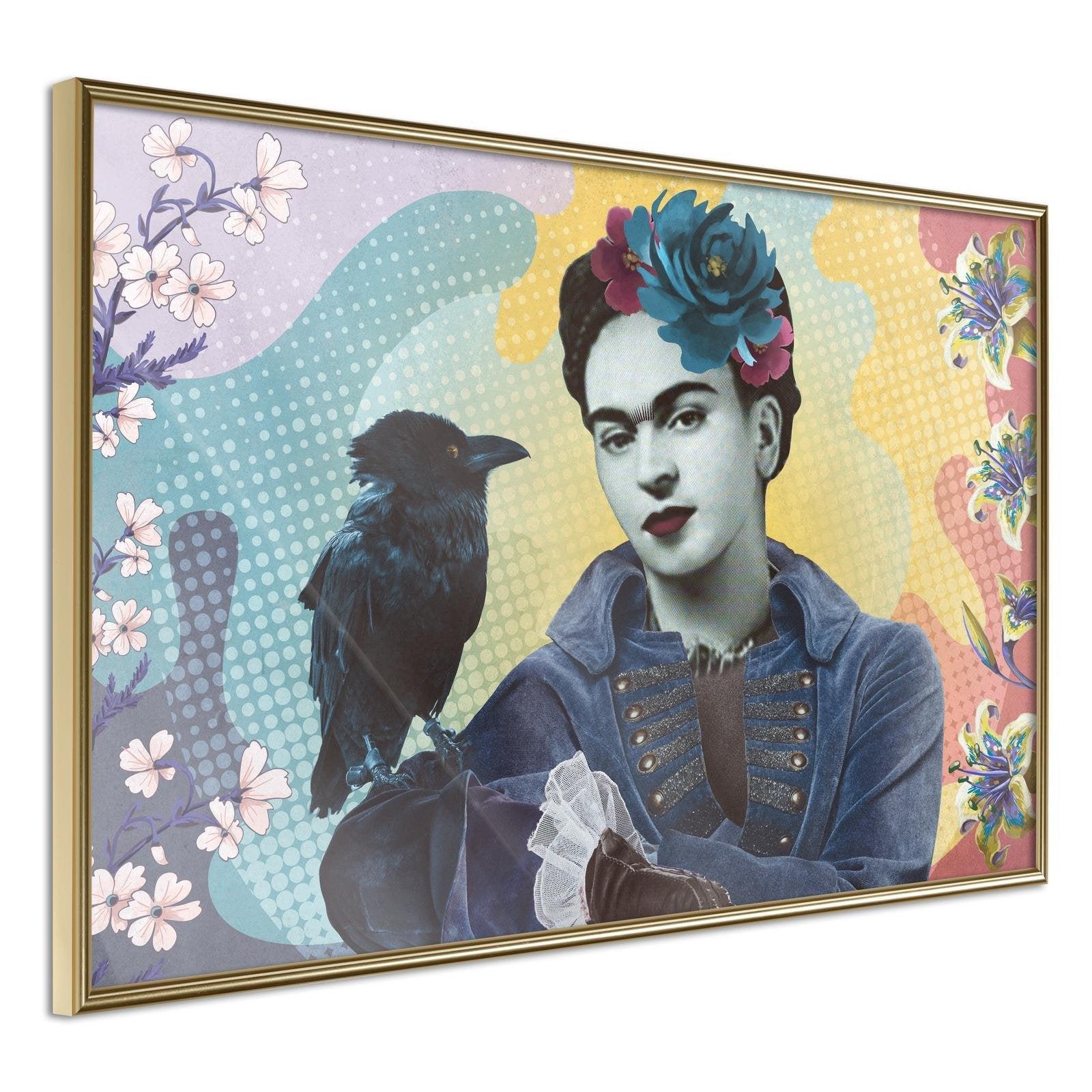 Läs mer om Inramad Poster / Tavla - Frida with a Raven - 60x40 Guldram