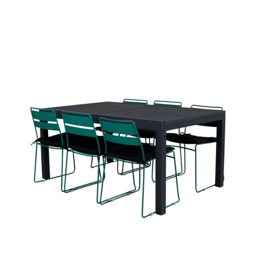 Läs mer om LINA MARBELLA Matbord 160/240x100 cm + 6 stolar - Grön/Svart | Utemöbler