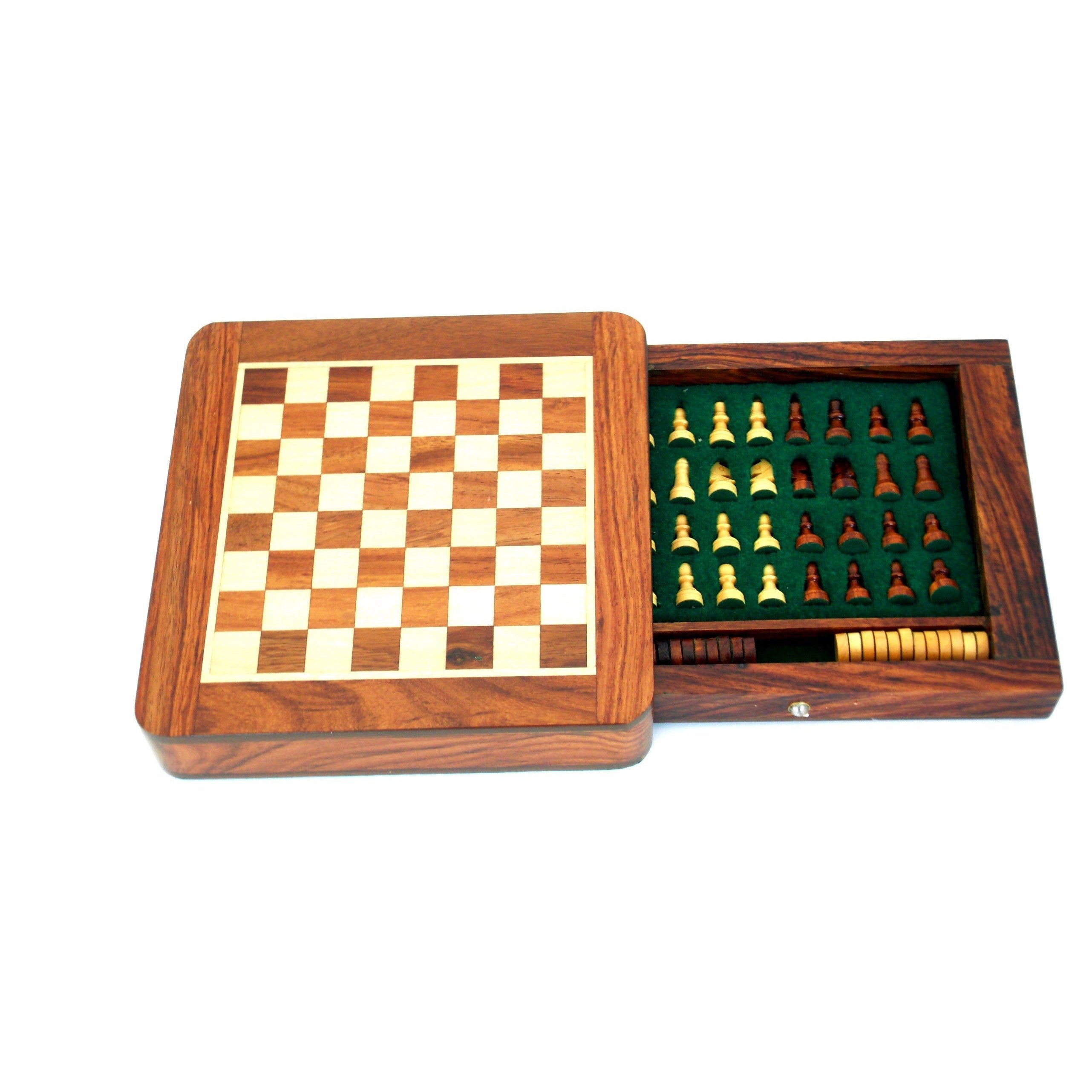 Läs mer om Magnetiskt trä schackspel med låda, Reseschack, 2 spel i ett