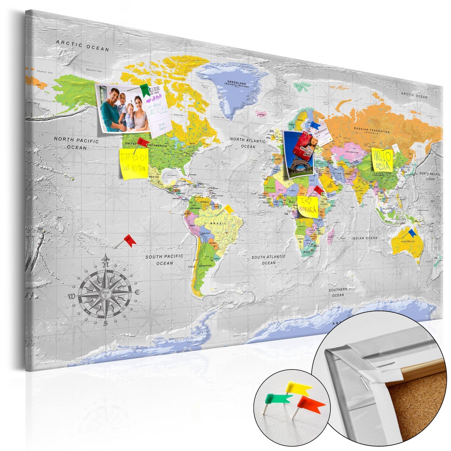 Anslagstavla i kork - World Map: Wind Rose - 90x60