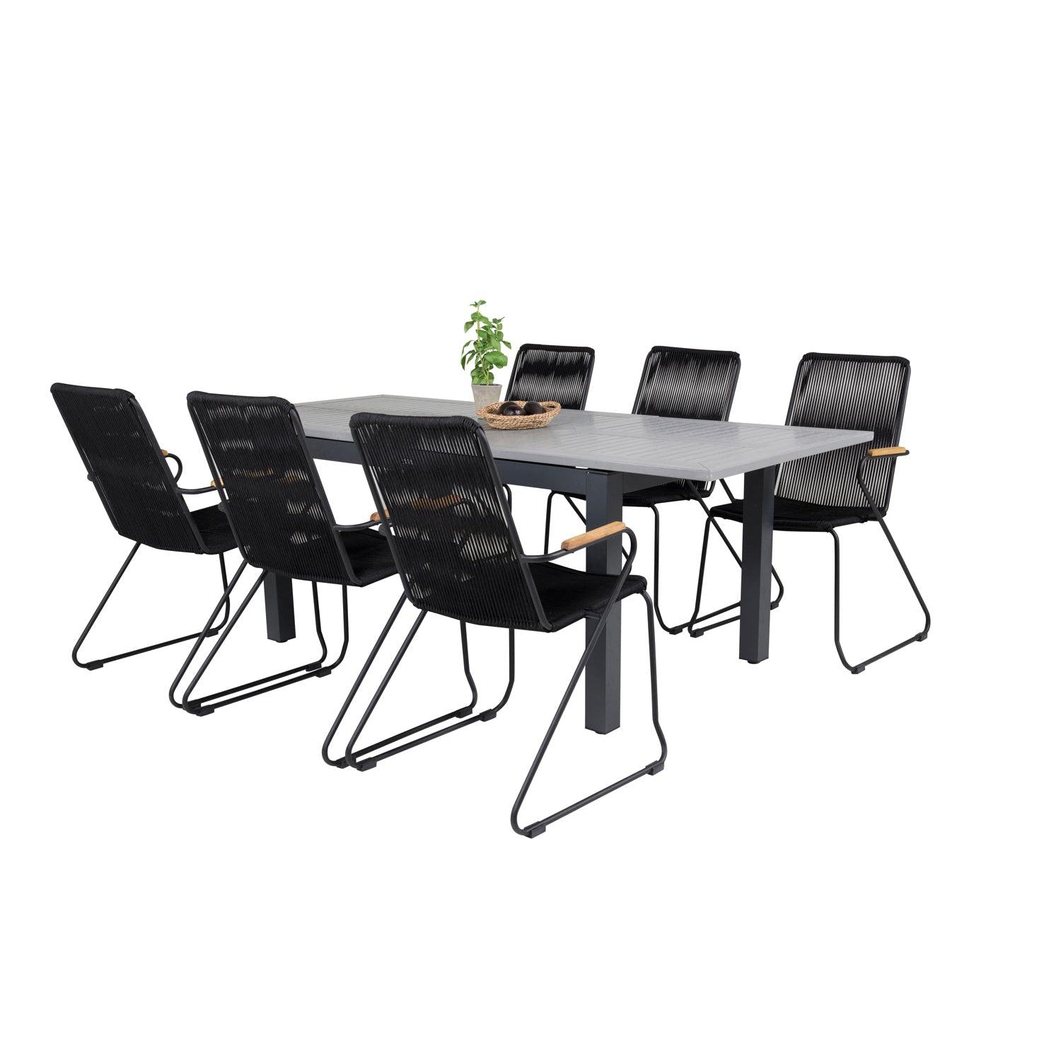 BOIS ALBANY Matbord 152/210x90 cm + 6 stolar - Svart/Grå | Utemöbler