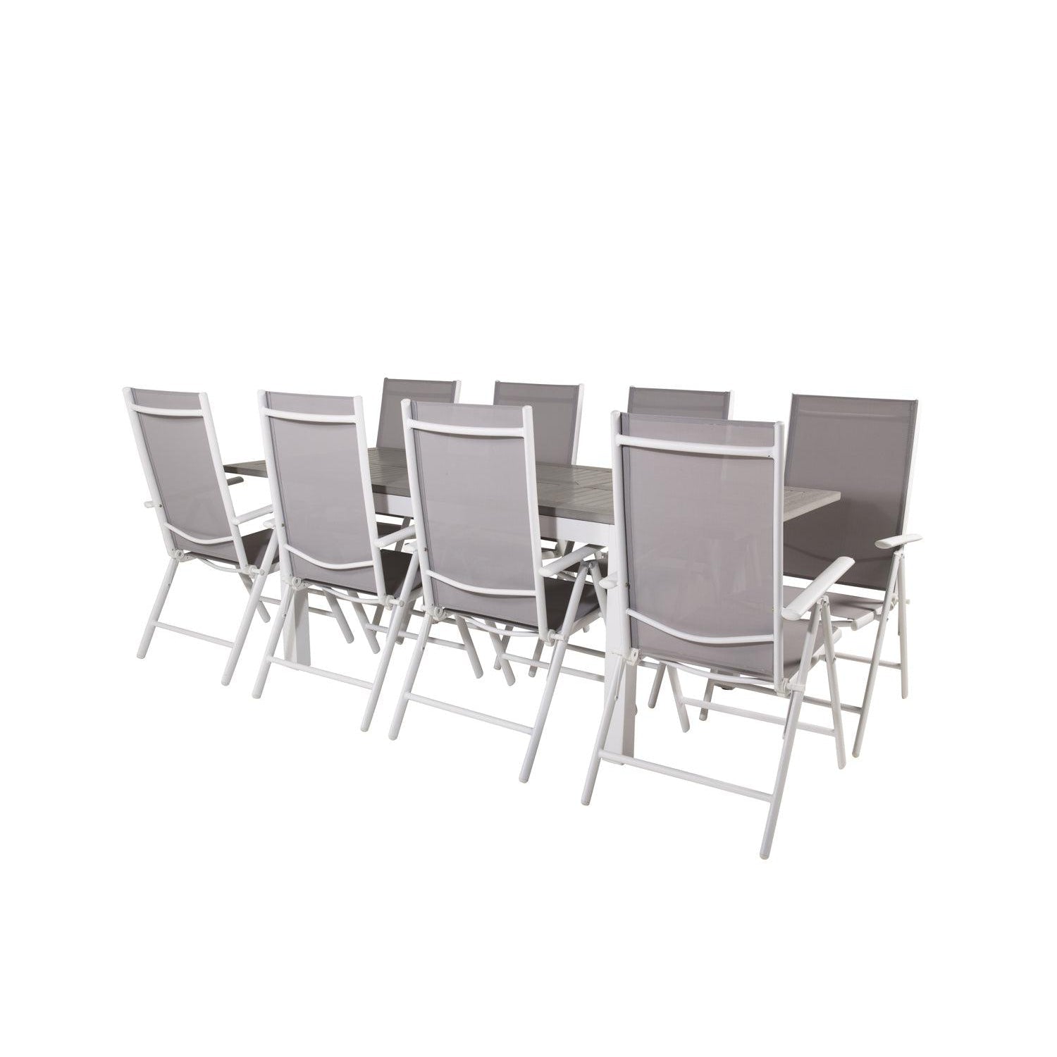 Läs mer om BREAK ALBANY Matbord 160/240x90 cm + 8 stolar - Grå/Vit | Utemöbler
