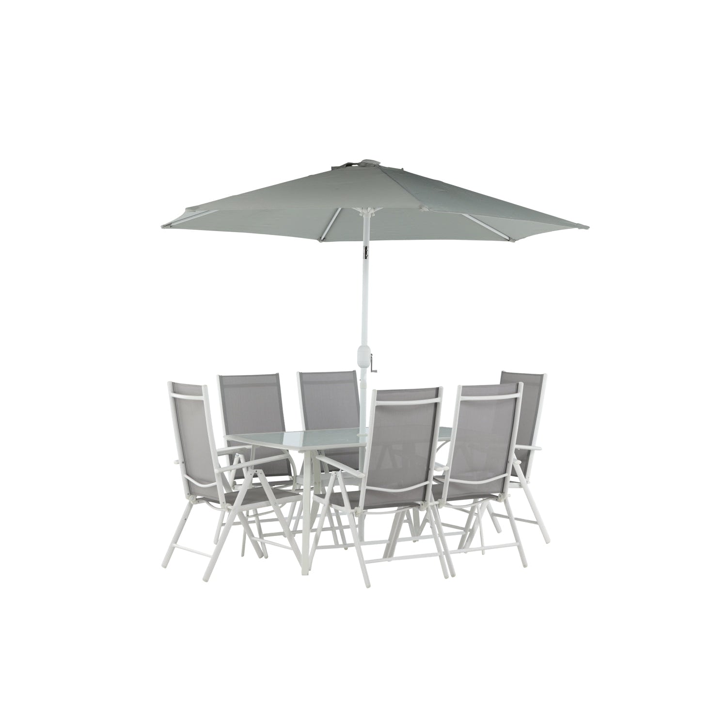 Läs mer om BREKKI Matbord 150x90 cm + 6 stolar + Parasoll - Grå/Vit | Utemöbler