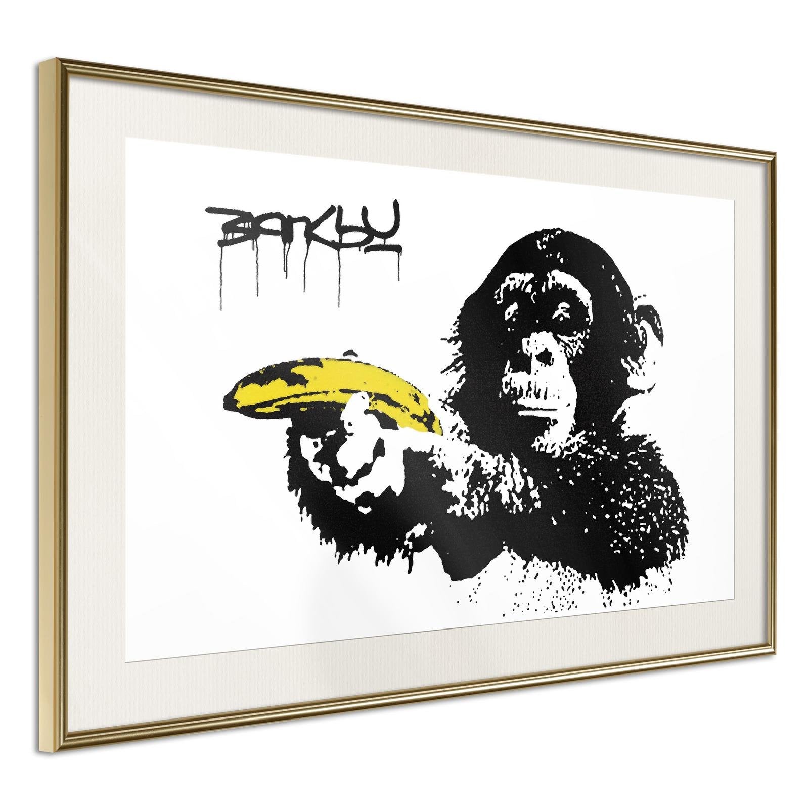 Läs mer om Inramad Poster / Tavla - Banksy: Banana Gun II - 30x20 Guldram med passepartout