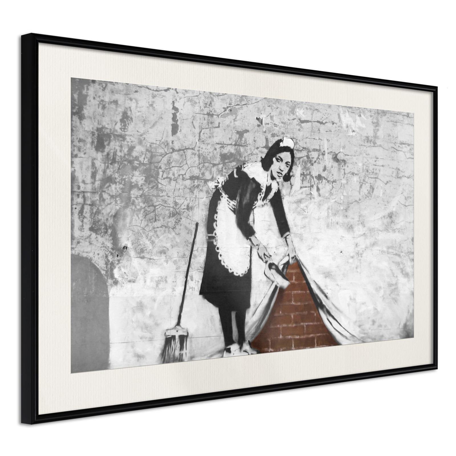 Inramad Poster / Tavla - Banksy: Sweep it Under the Carpet - 90x60 Svart ram med passepartout