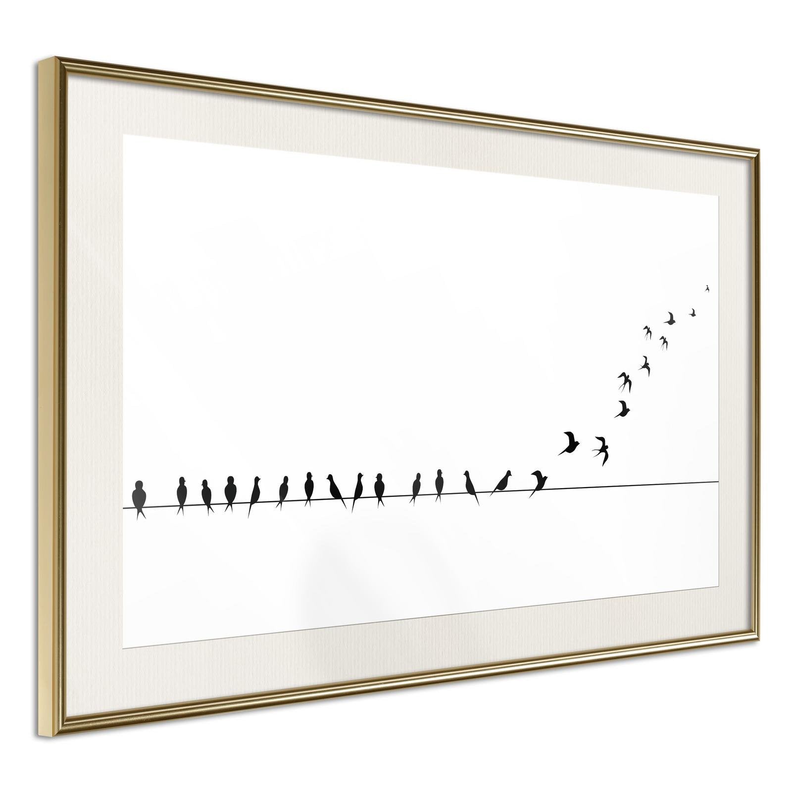 Inramad Poster / Tavla - Birds on a Wire - 30x20 Guldram med passepartout