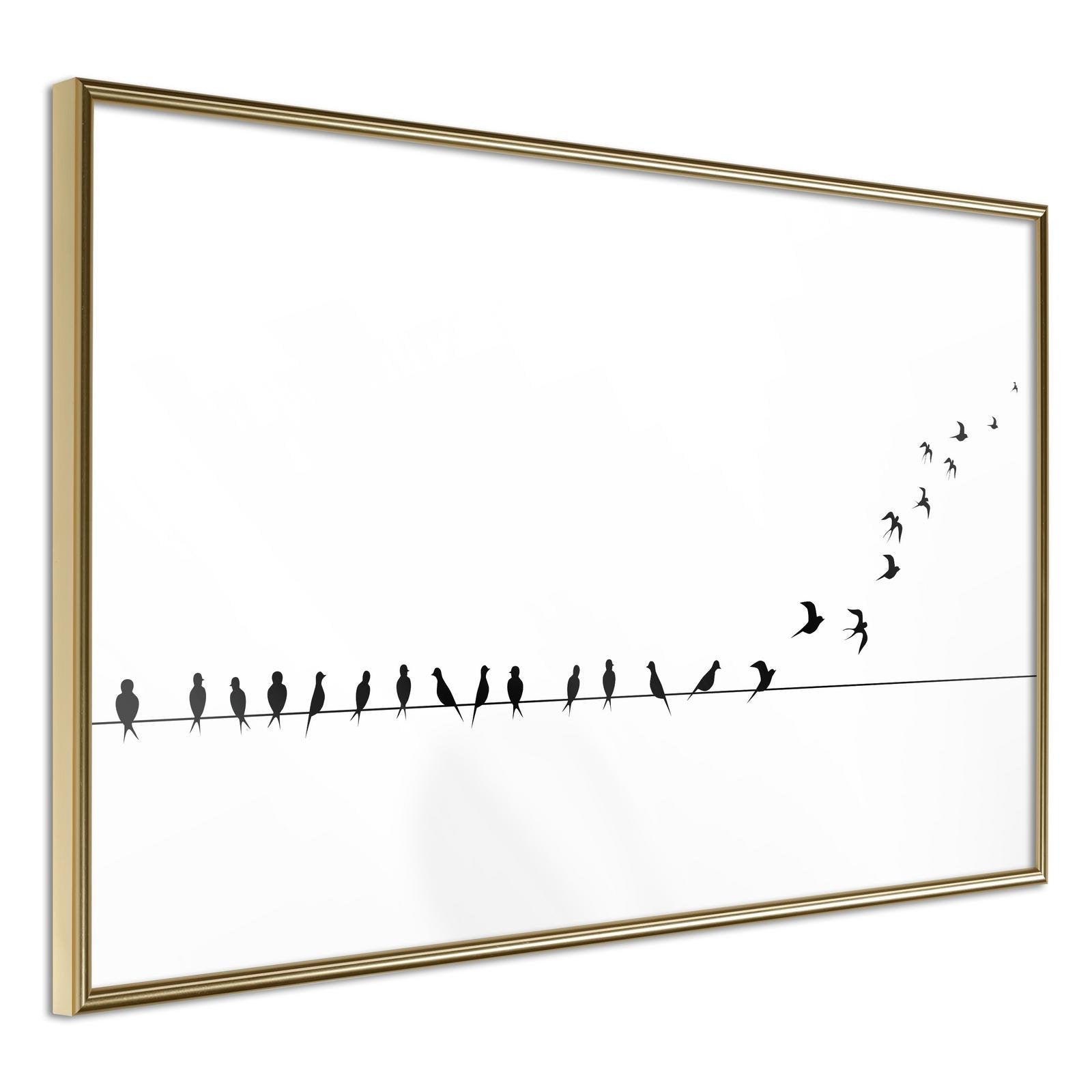 Inramad Poster / Tavla - Birds on a Wire - 60x40 Guldram