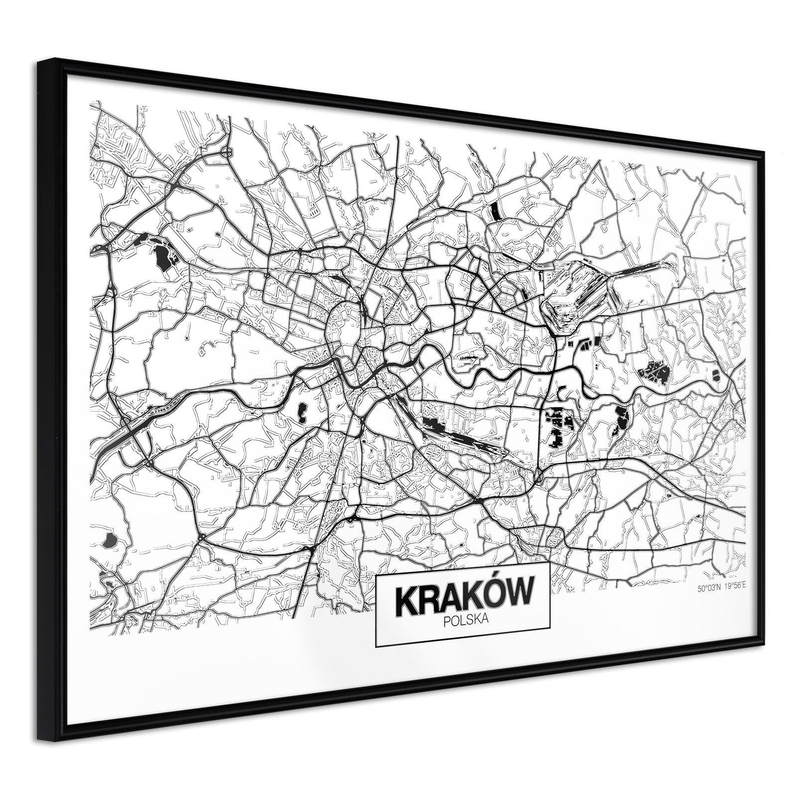 Läs mer om Inramad Poster / Tavla - City Map: Cracow - 90x60 Svart ram