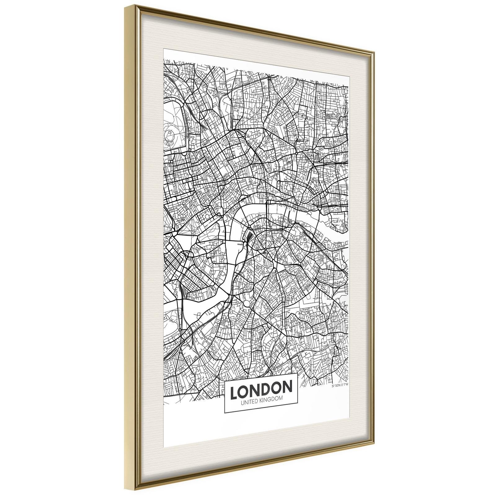 Läs mer om Inramad Poster / Tavla - City Map: London - 40x60 Guldram med passepartout