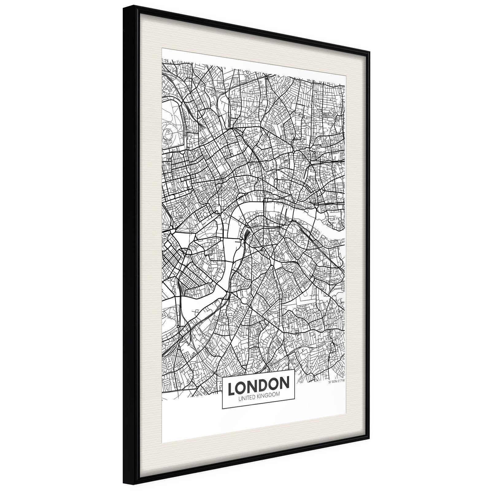 Läs mer om Inramad Poster / Tavla - City Map: London - 20x30 Svart ram med passepartout