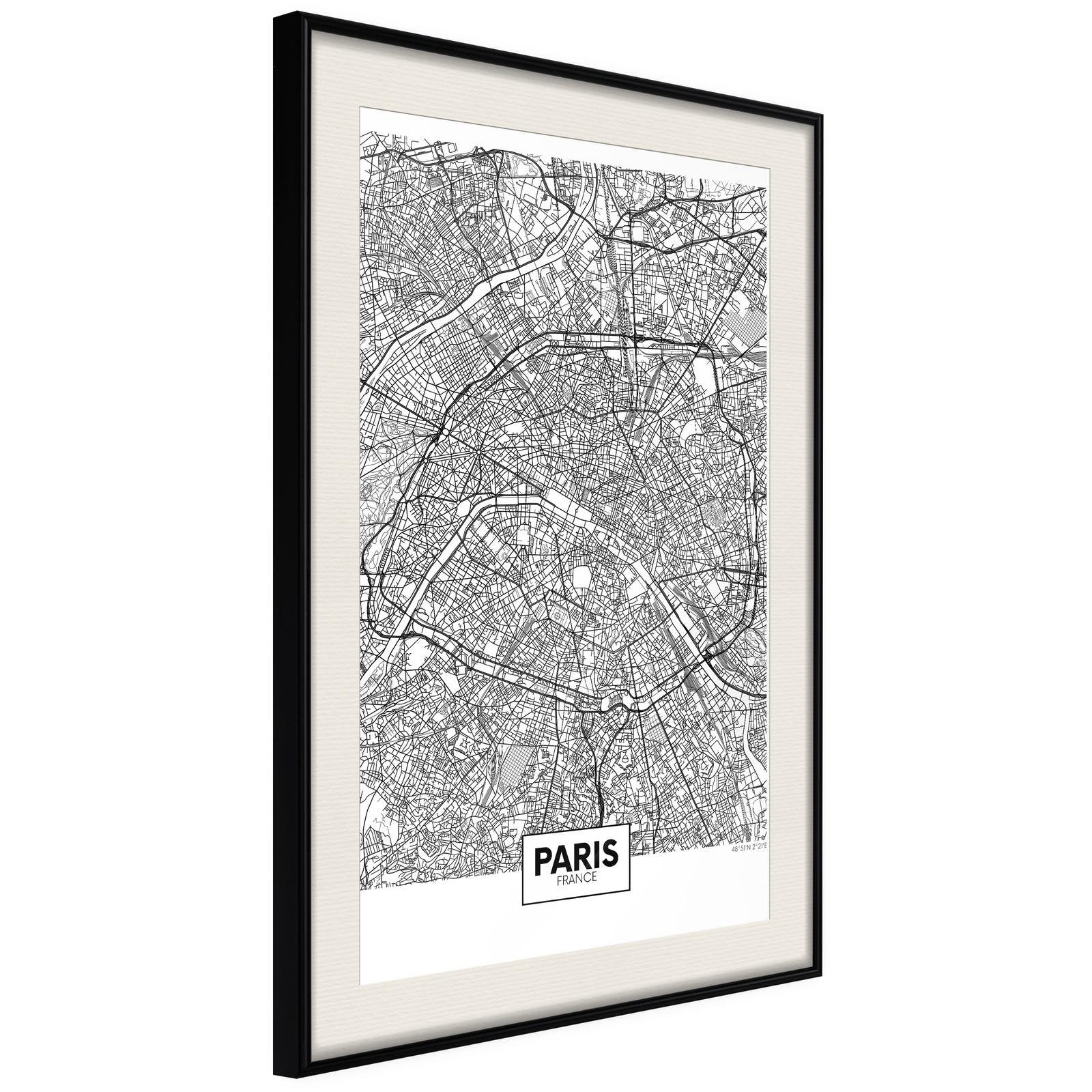 Läs mer om Inramad Poster / Tavla - City Map: Paris - 20x30 Svart ram med passepartout