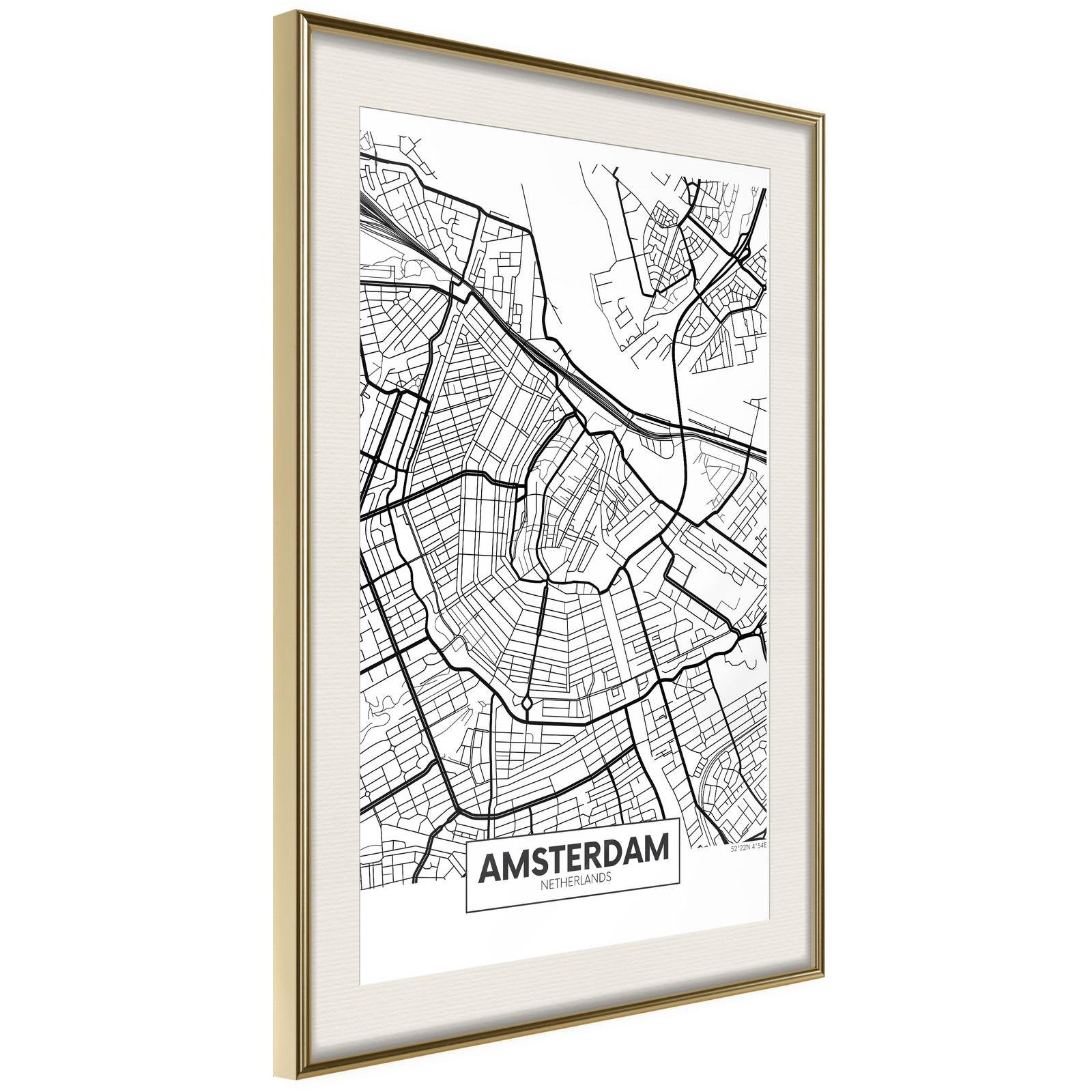 Läs mer om Inramad Poster / Tavla - City map: Amsterdam - 40x60 Guldram med passepartout