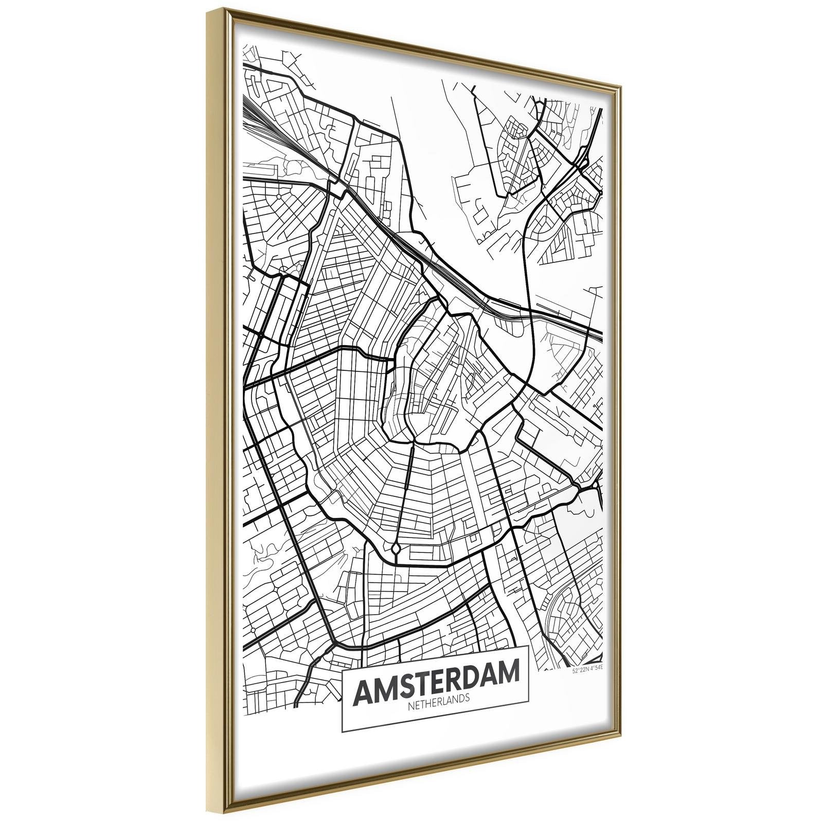Läs mer om Inramad Poster / Tavla - City map: Amsterdam - 30x45 Guldram