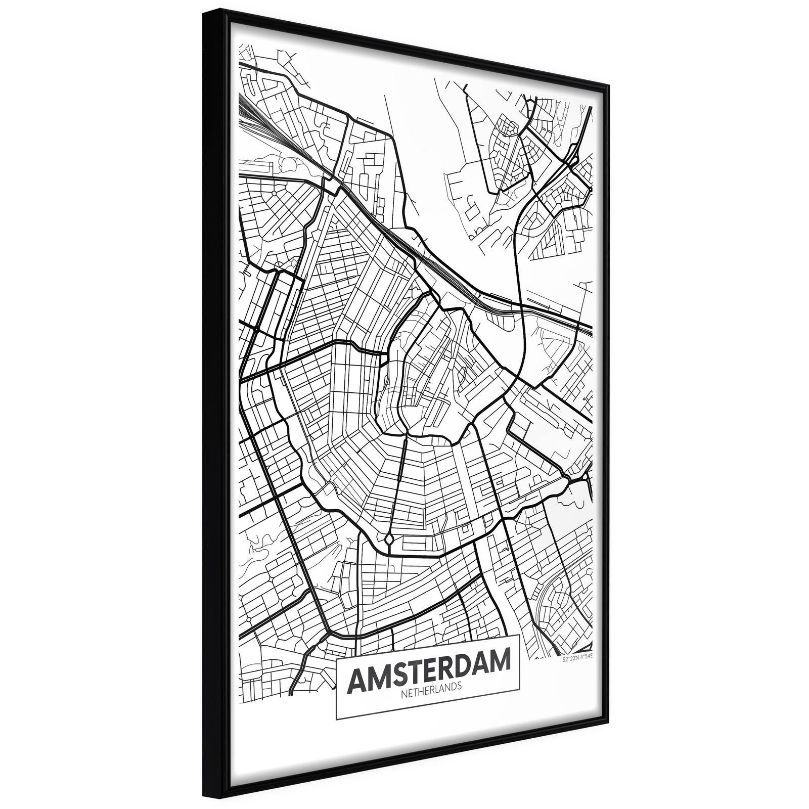 Läs mer om Inramad Poster / Tavla - City map: Amsterdam - 40x60 Svart ram