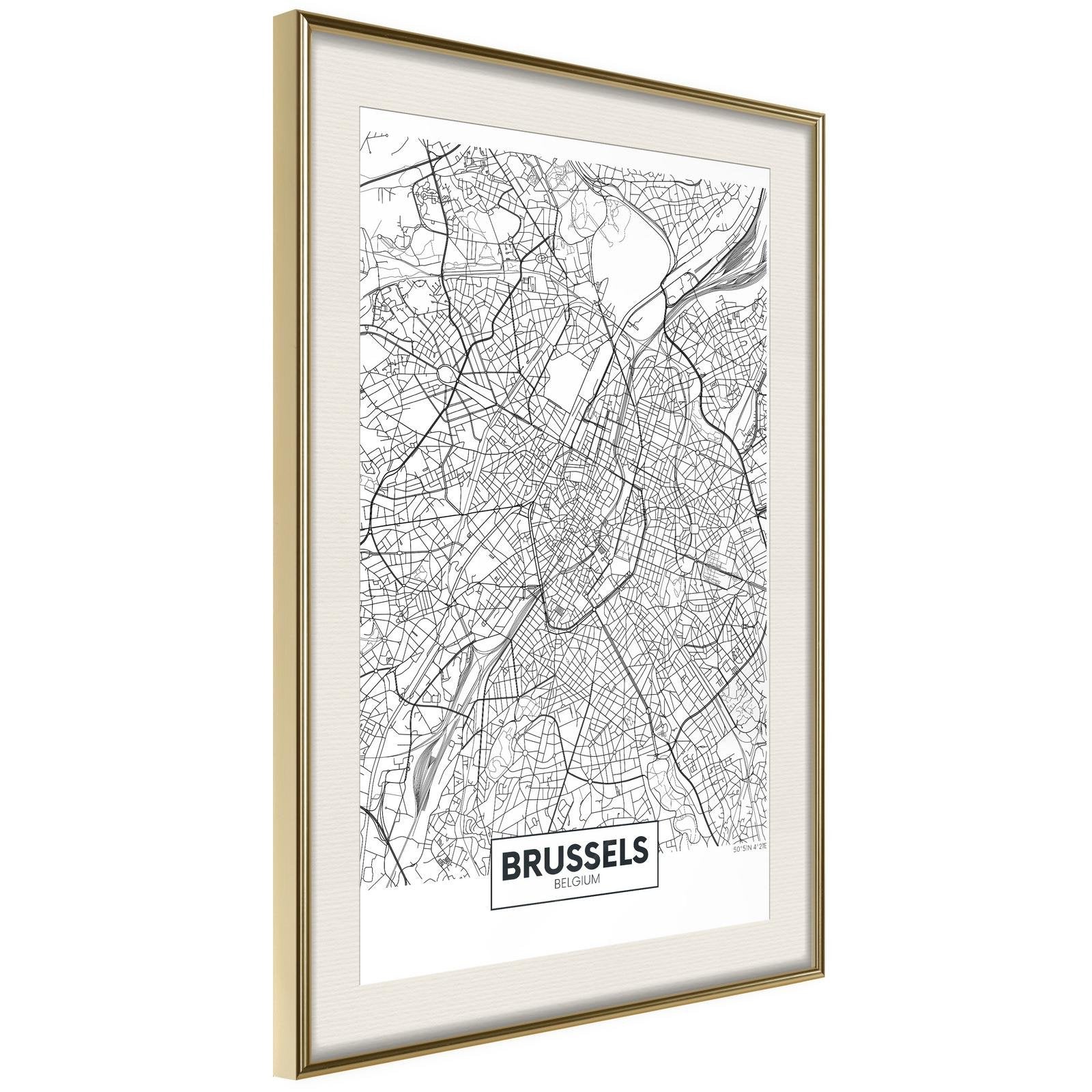 Läs mer om Inramad Poster / Tavla - City map: Brussels - 40x60 Guldram med passepartout