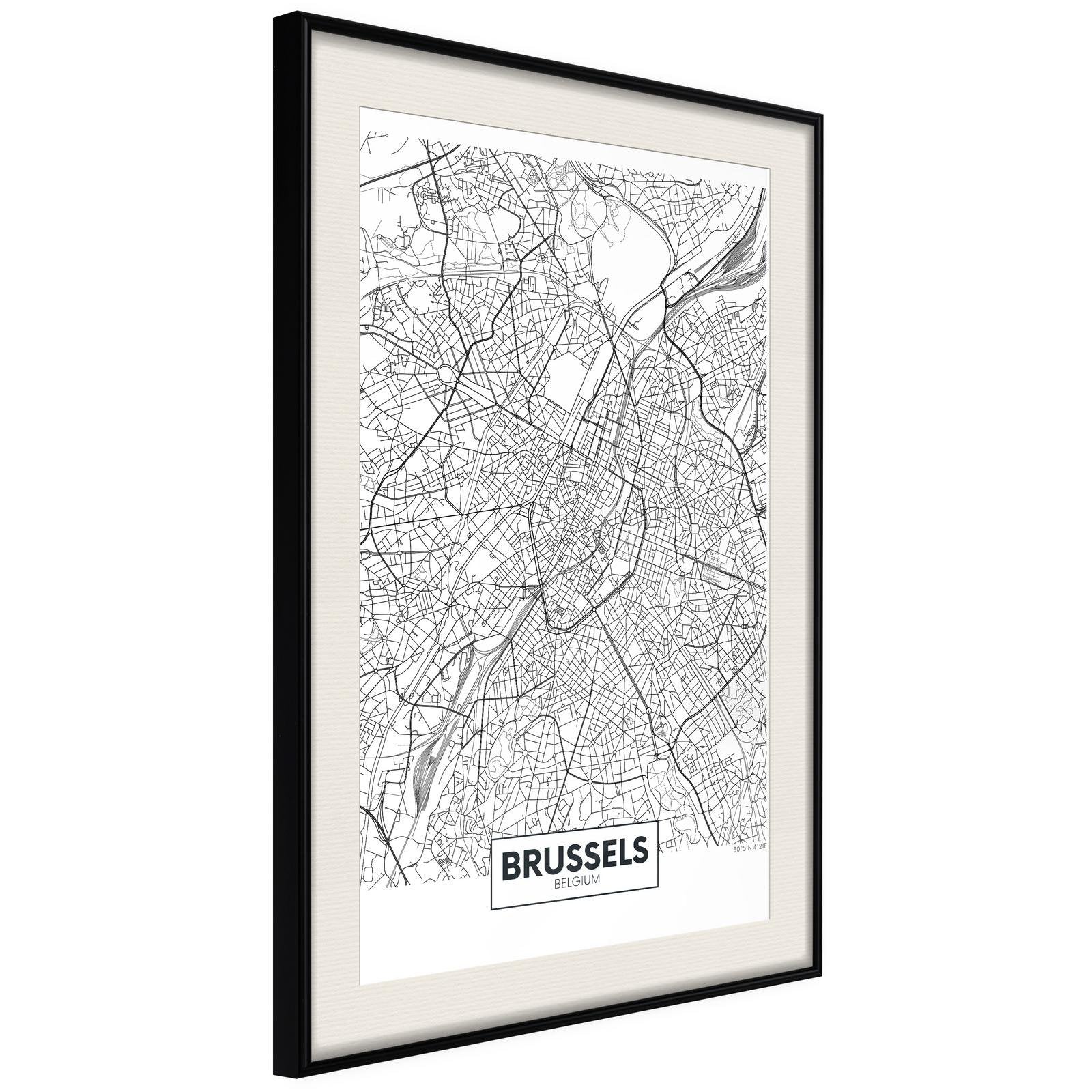 Läs mer om Inramad Poster / Tavla - City map: Brussels - 20x30 Svart ram med passepartout