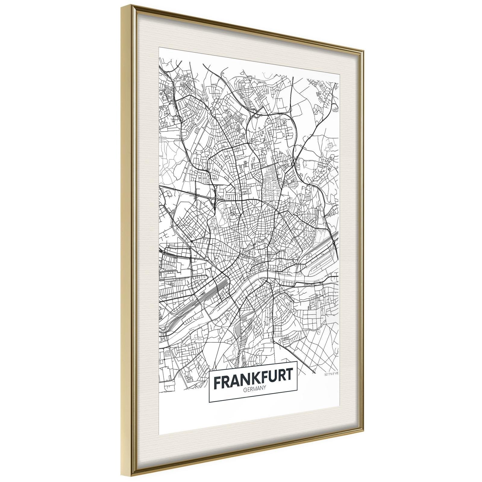 Läs mer om Inramad Poster / Tavla - City map: Frankfurt - 30x45 Guldram med passepartout