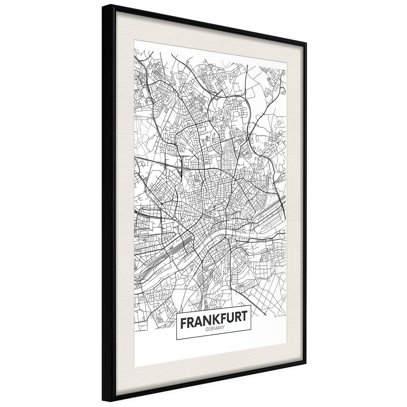 Läs mer om Inramad Poster / Tavla - City map: Frankfurt - 20x30 Svart ram med passepartout
