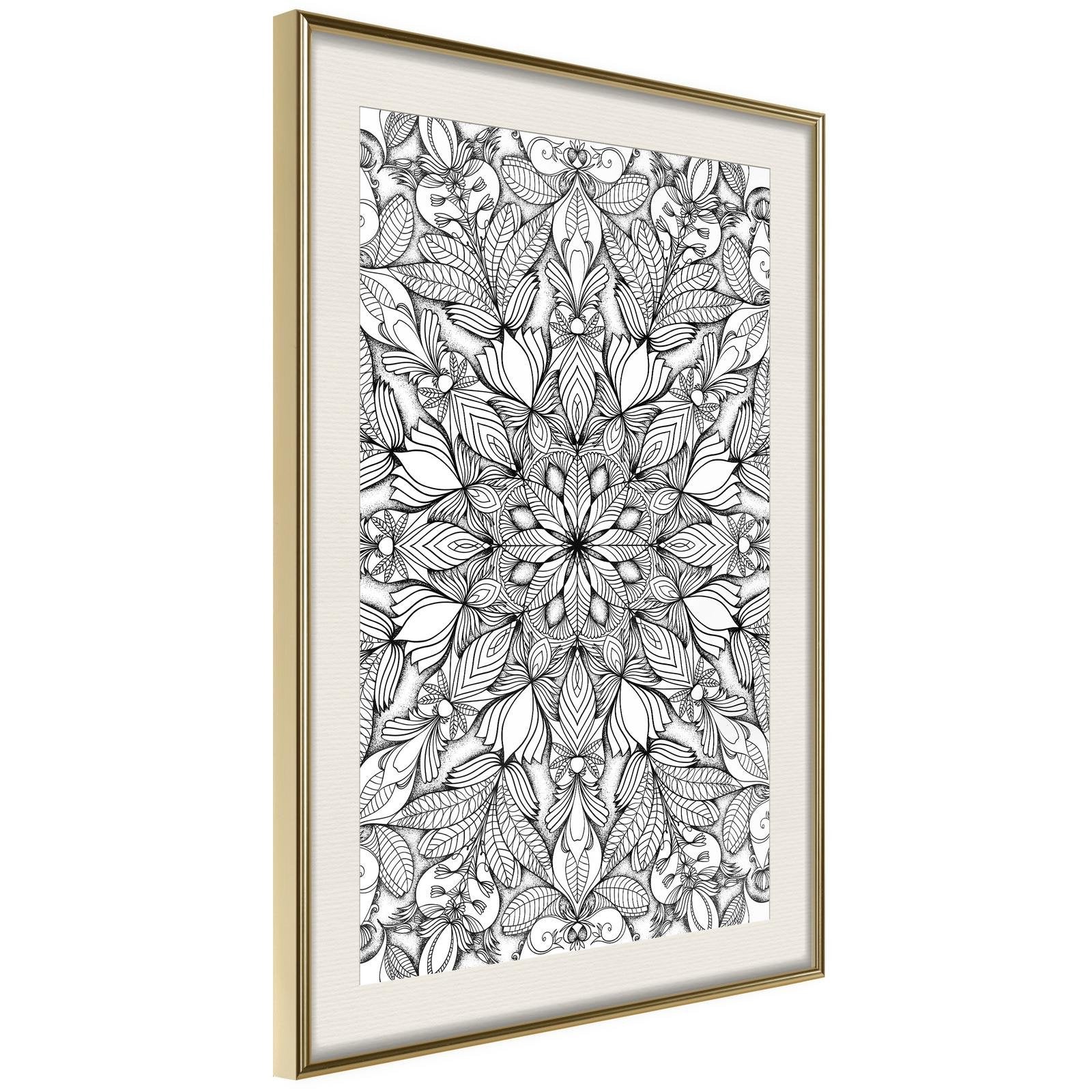 Läs mer om Inramad Poster / Tavla - Colourless Mandala - 20x30 Guldram med passepartout