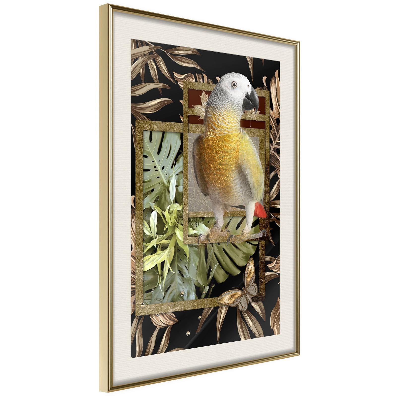 Inramad Poster / Tavla - Composition with Gold Parrot - 40x60 Guldram med passepartout