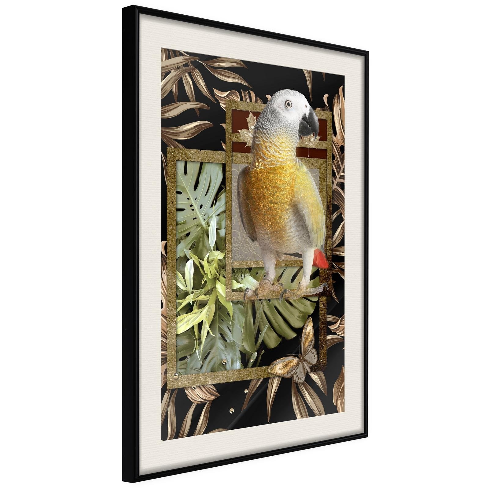 Inramad Poster / Tavla - Composition with Gold Parrot - 40x60 Svart ram med passepartout