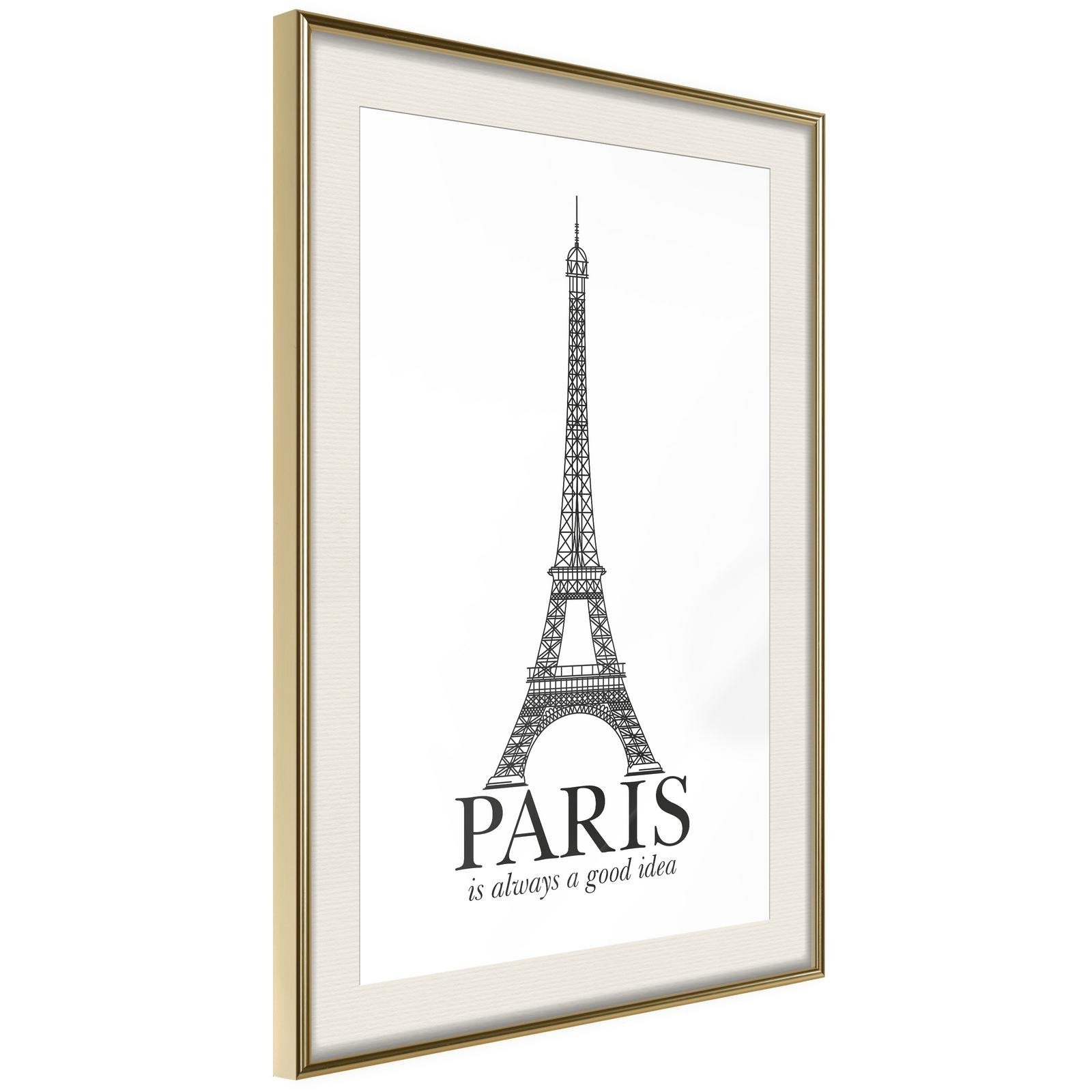Läs mer om Inramad Poster / Tavla - Eiffel Tower - 30x45 Guldram med passepartout