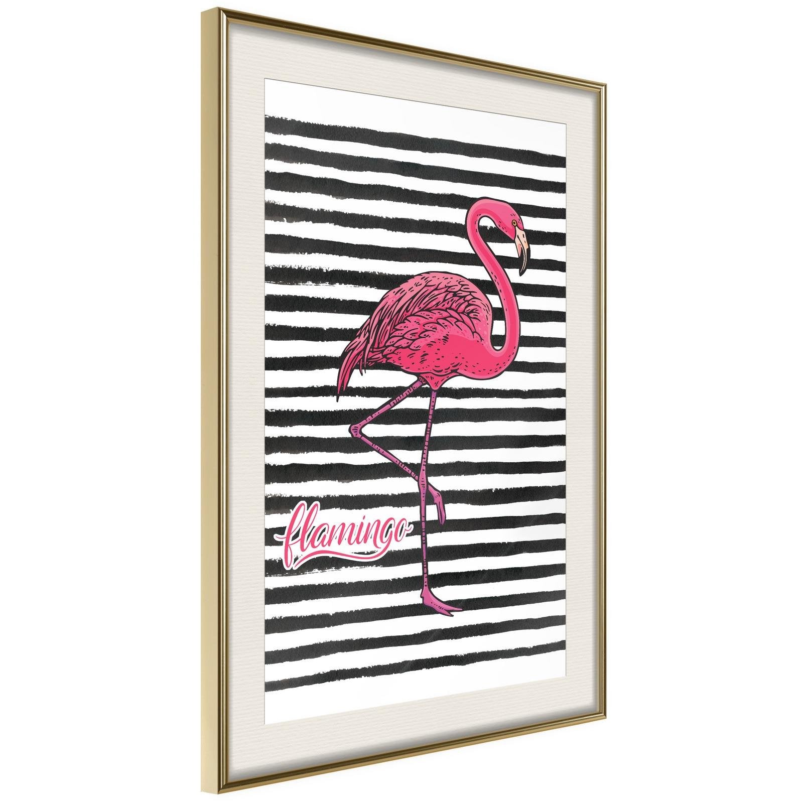 Inramad Poster / Tavla - Flamingo on Striped Background - 40x60 Guldram med passepartout