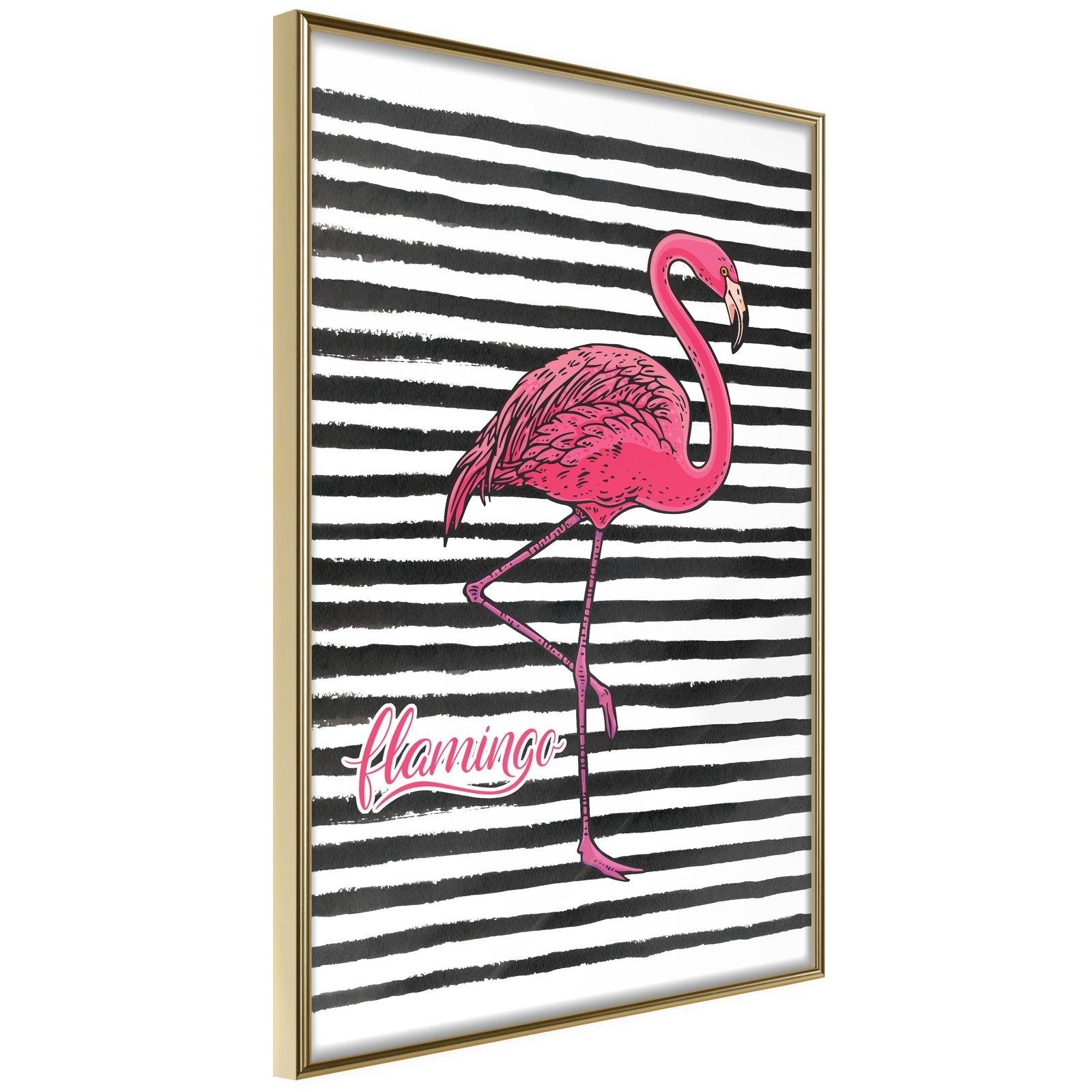 Inramad Poster / Tavla - Flamingo on Striped Background - 30x45 Guldram