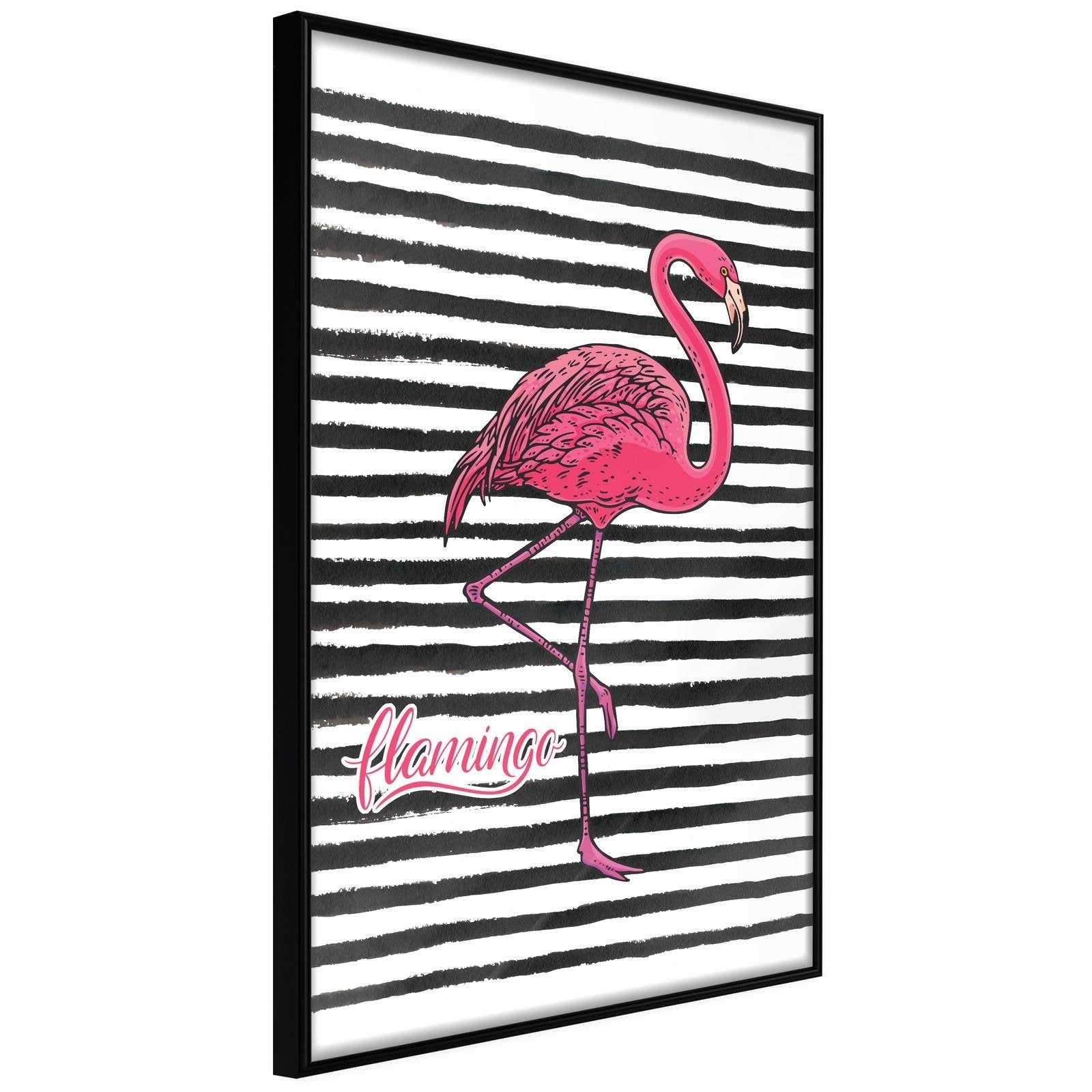 Inramad Poster / Tavla - Flamingo on Striped Background - 40x60 Svart ram